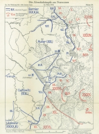 Niemiecka mapa sprzed 1939 r. przedstawiająca linię frontu niemiecko-rosyjskiego w okolicach jezior Narocz i Świr w marcu 1916 r., w trakcie ofensywy rosyjskiej (18-30 marca 1916 r.) nazywanej bitwą nad jeziorem Narocz lub bitwą pod Postawami - kolorem niebieskim zaznaczono pozycje wojsk niemieckich, kolorem czerwonym pozycje wojsk rosyjskich. Mapa z kolekcji Jacka Szulskiego.